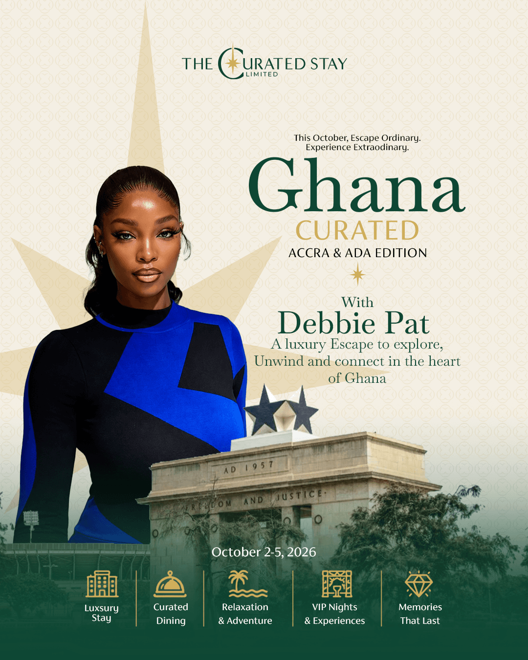 Ghana Curated Accra & Ada Edition flyer, hosted with Debbie Pat, 2–5 October 2026
