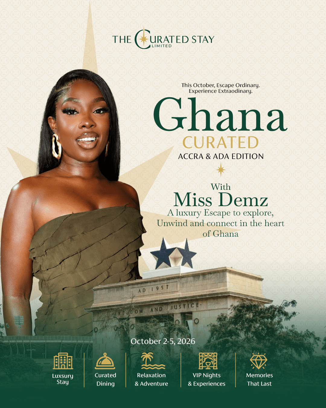 Ghana Curated Accra & Ada Edition flyer, hosted with Miss Demz, 2–5 October 2026